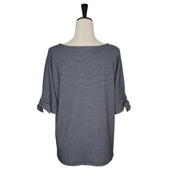 Talbots Navy Blue & White Gingham Tie Elbow Sleeve Blouse Size L - Picture 5 of 7